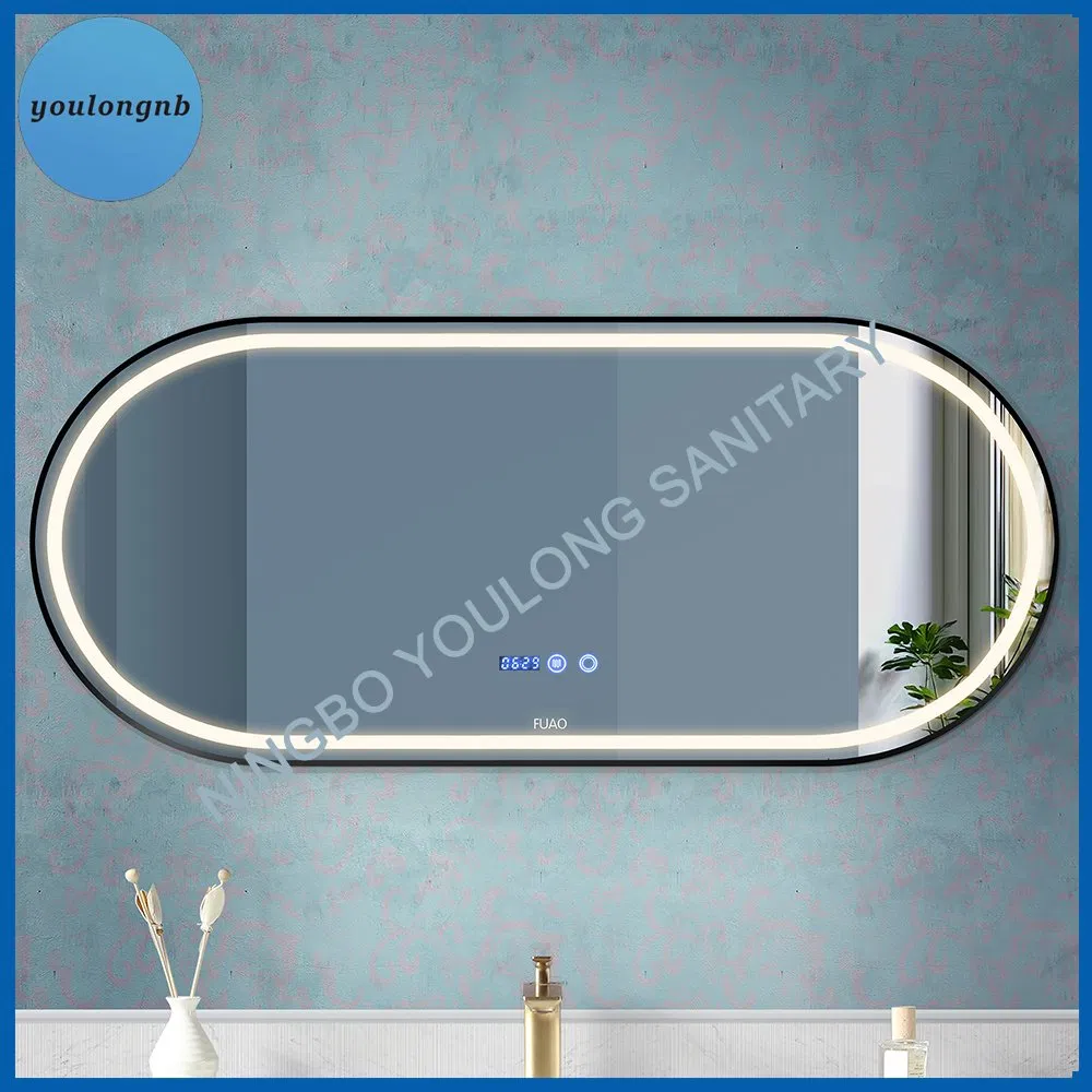 Modern Smart Touch Screen Oval LED Bathroom Anti-Fog Mirror with Time Screen