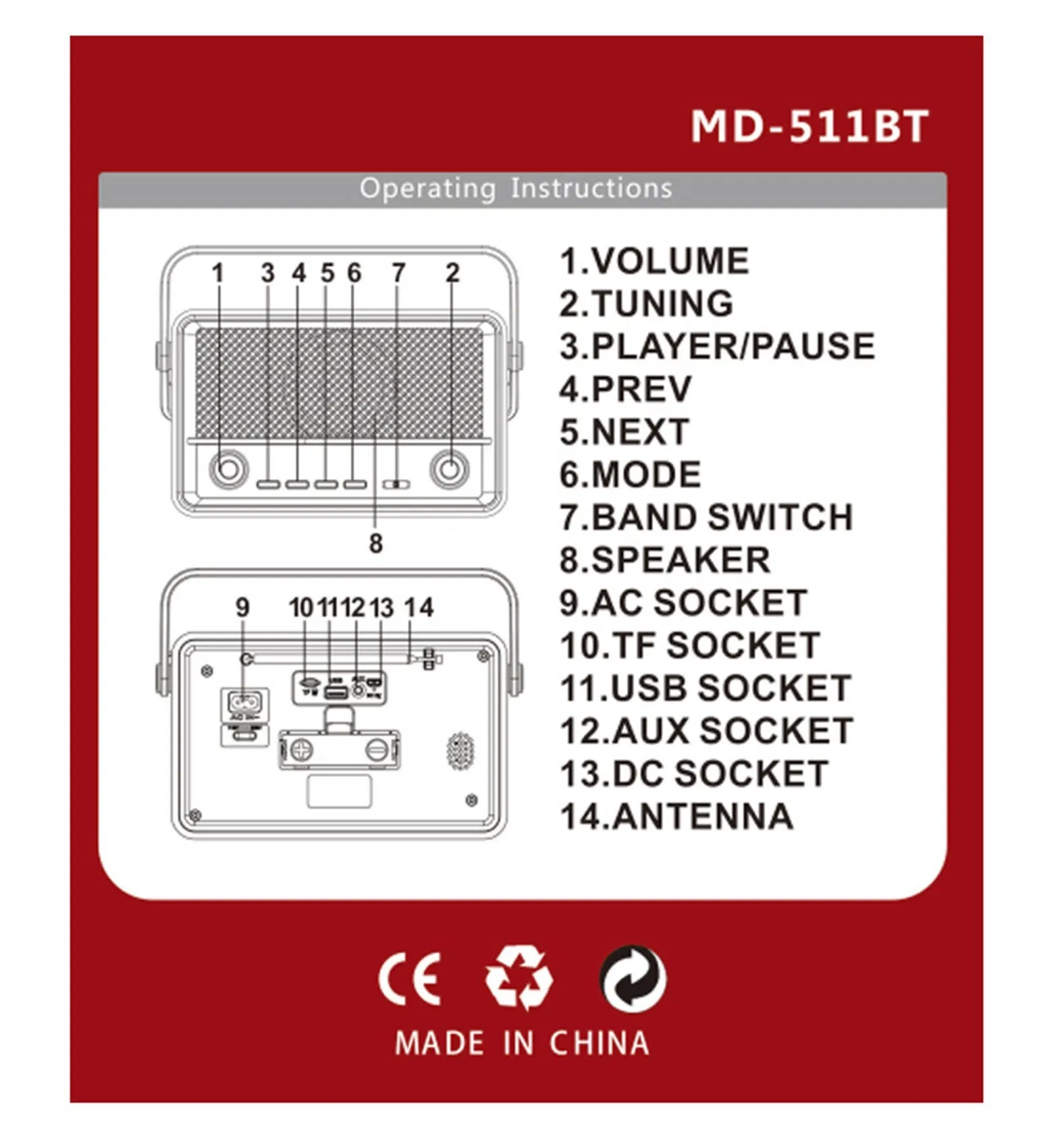 Portable FM Radio Bluetooth USB TF Player Rechargeable DSP Retro Radio