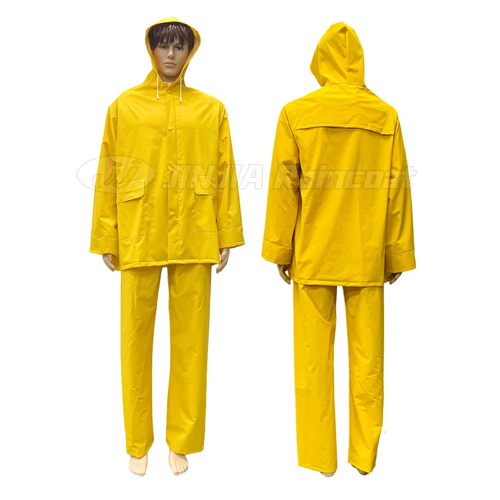 Wholesale Heavy Duty PVC Polyester Rain Jacket Pant Reusable Yellow Waterproof Rainsuit