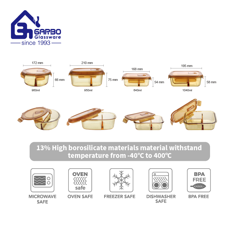 Promotional Hot Selling High Borosilicate Glass Food Container Microwave Oven Safe Lunch Box with Lid Round Square Rectangle 640ml Bento Food Container Bowl