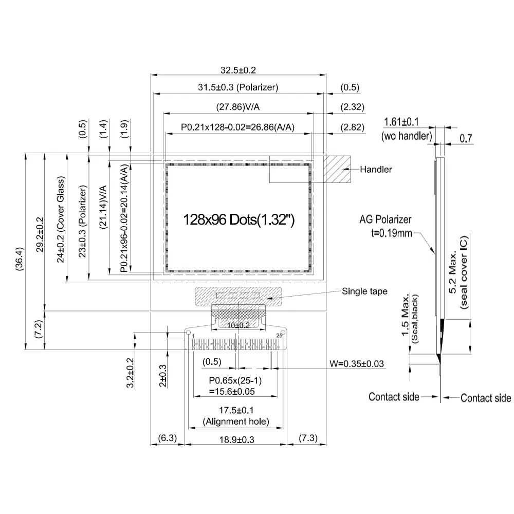 OLED дисплей 1.32 дюйма, 128x96, монохромный белый