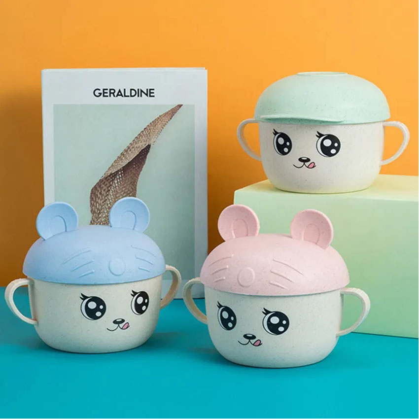Custom Logo Pink Nordic Natural Wheat Straw Children Small Soup Bowl Plastic Biodegradable Kids Dinner Rice Bowl Set with Cover
