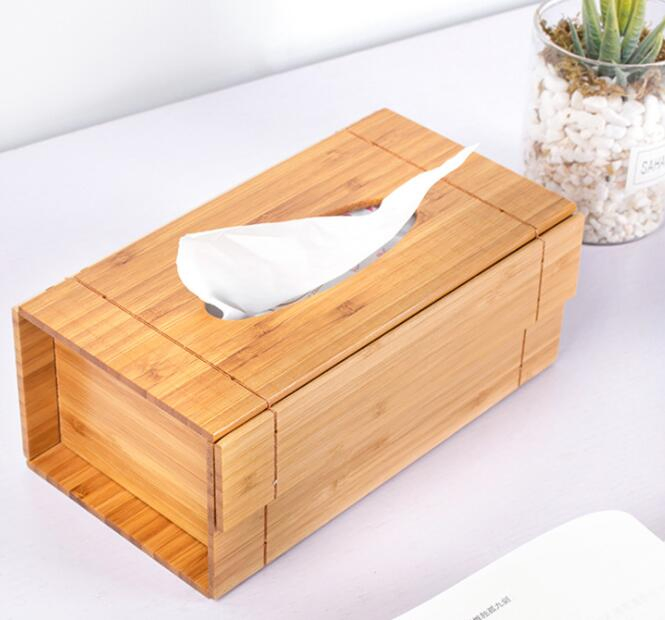 Wholesale Tissue Holder Bamboo Rectangular Napkin Tissue Box Foldable