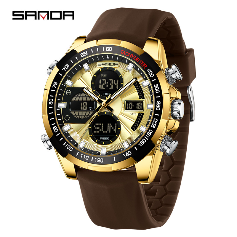 Men's Large Dial Electronic Watch Waterproof Alloy Case Multifunctional Chronograph Calendar Wristwatch