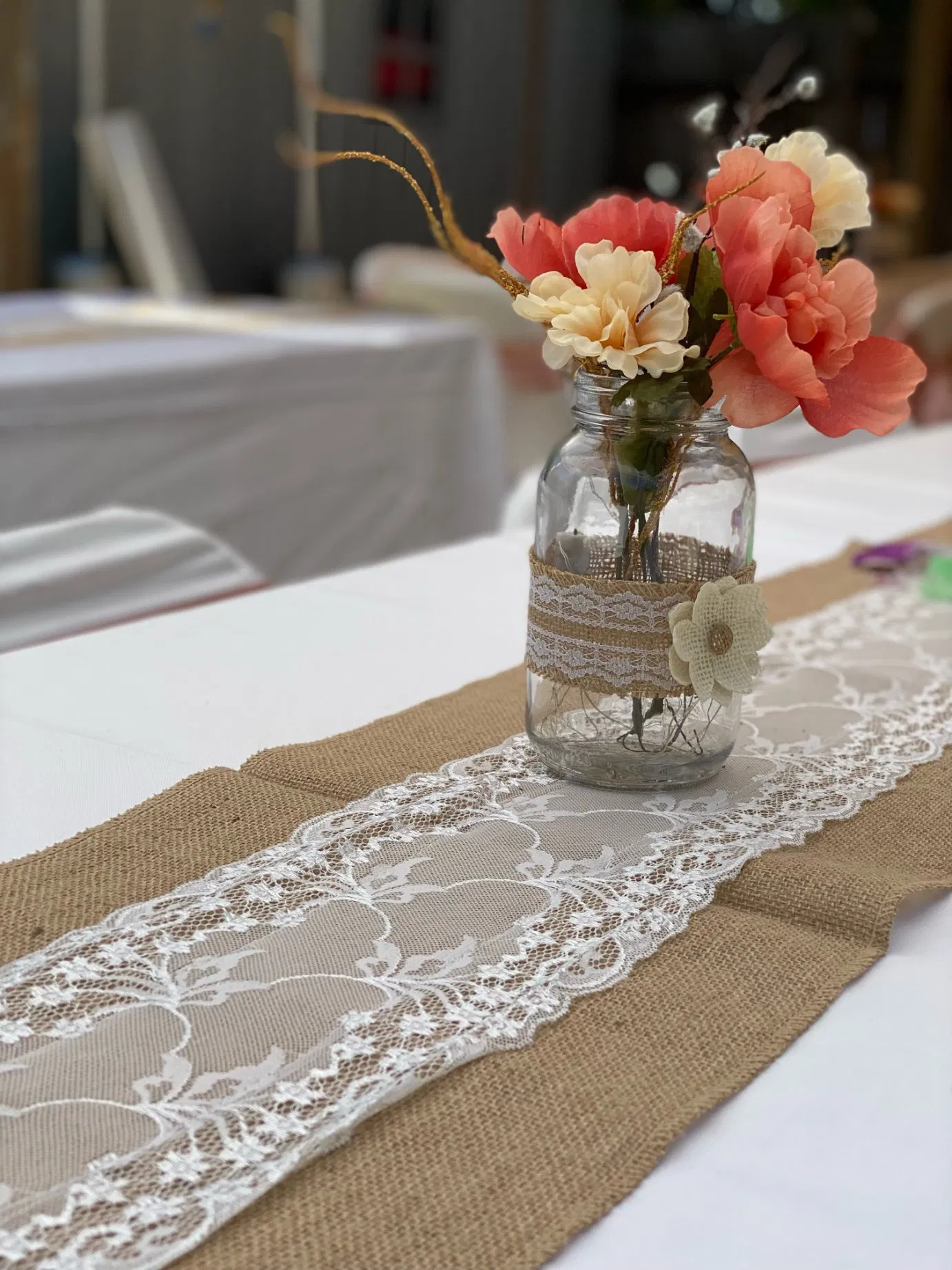 12 Inch Width Natural Burlap Lace Jute Table Runner for Wedding