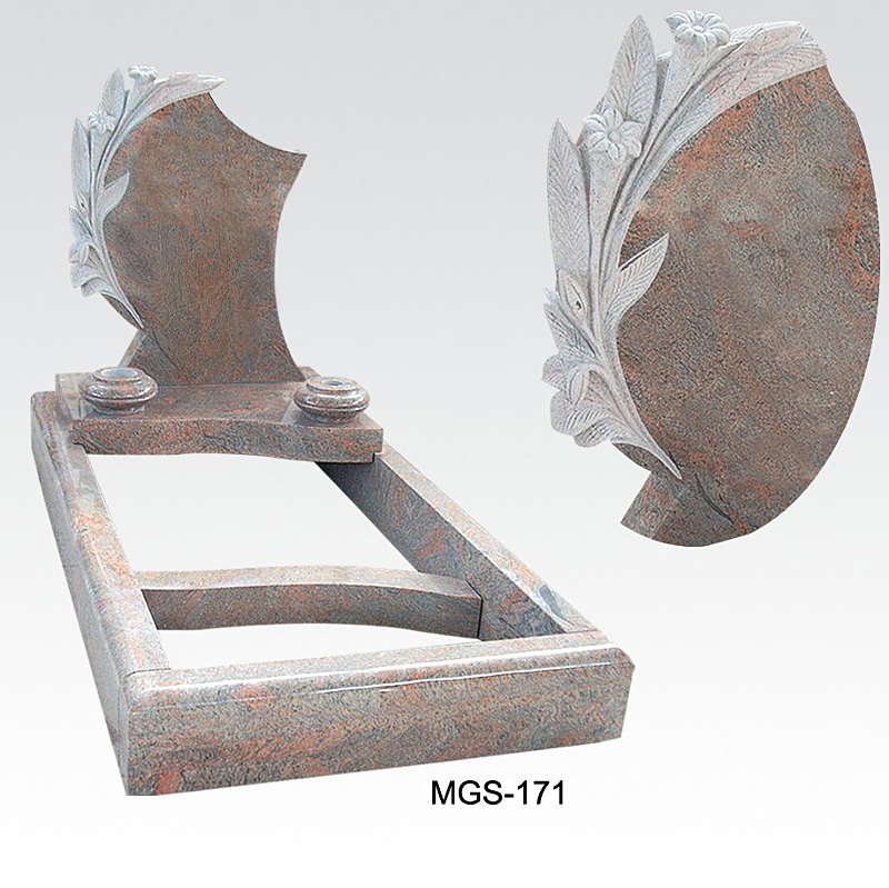 Red Granite Headstone with Flower Carving and Vase