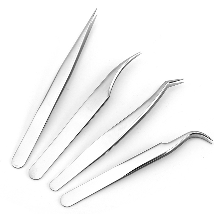 4PCS Custom Logo High Quality Stainless Steel Rainbow Straight Curved Lash Volume Diamond Grip Eyebrow Eyelash Extension Tweezers Set