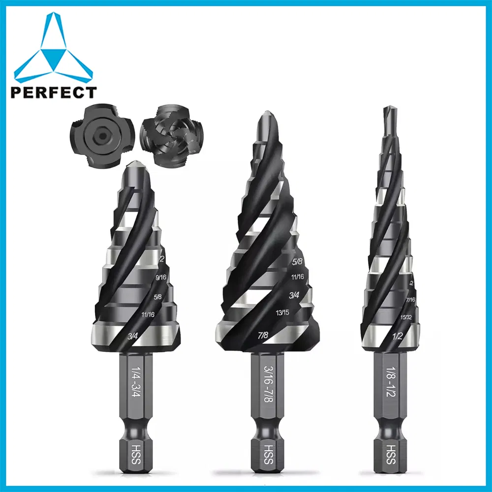 Four Spiral Flute HSS M35 Cobalt Step Drill Bit Set for Aluminum, Wood, Metal, Stainless Steel