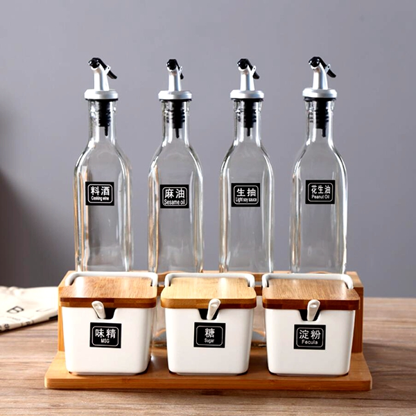 Glass Oil Bottle Set with Ceramic Spice Jar Bamboo Kitchen Storage Container