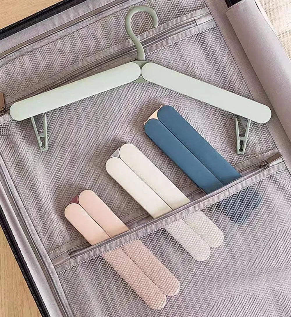 New Arrival Plastic Clothes Hangers in Green/Apricot/Pink/Blue/White with Portable/Fold-Able Design and 2 Durable Clips for Pants/Socks/Underwear/Shirt/Stocking