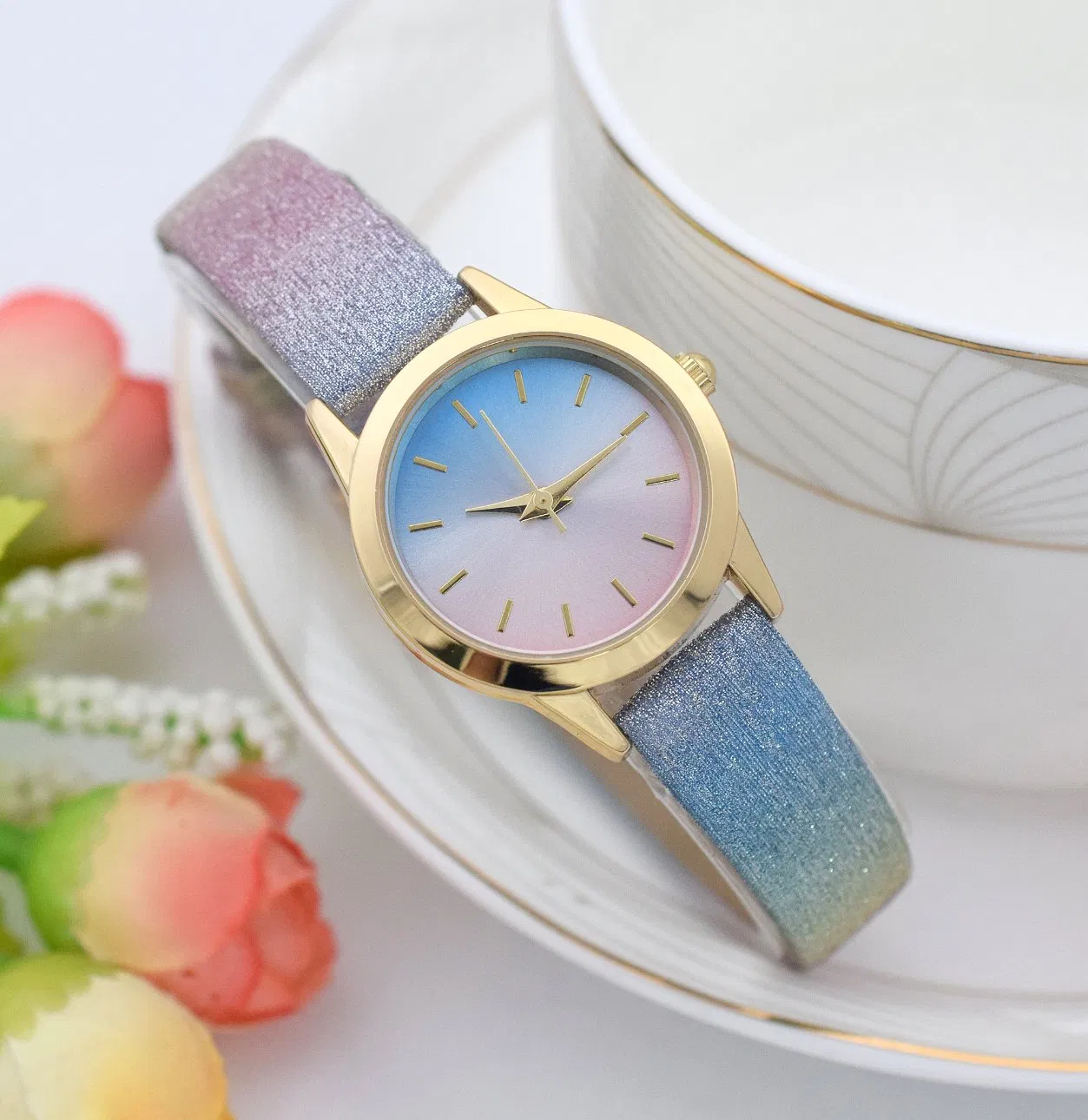 Rainbow Glitter Strap Customized Casual Watch Leather Watch Alloy Lady Watch
