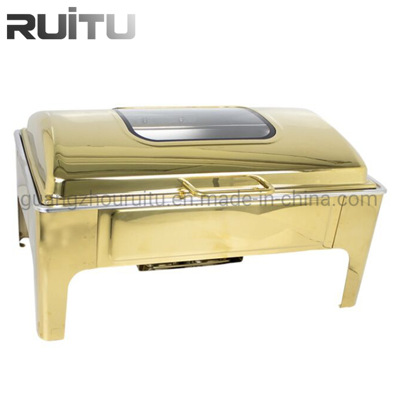 Catering Roll Top Chaffing Plated Food Warmer with Window Buffet Furnace Golden Color Brass 9L Shaffing Dish Gold Chafing Dish