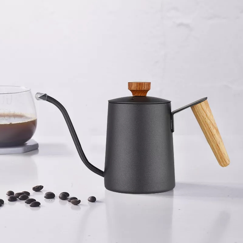 350ml Wholesale Wooden Handle 304 Stainless Tea Kettle Office Hand-Brewed Fine-Mouth Drip Coffee Pot with Long Spout