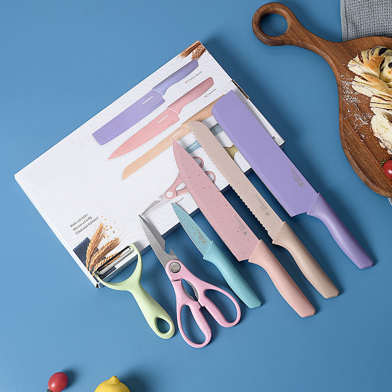 Wholesale Wheat Straw Set Colorful Six Piece Gift Stainless Steel Kitchen Knives