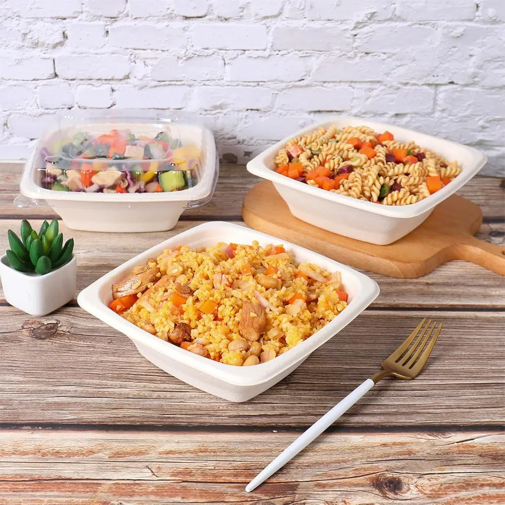 Disposable Biodegradable 32oz Container Restaurant Serving Square Sugarcane Sugar Cane Bagasse Noodle Salad Bowl with Clear Lid
