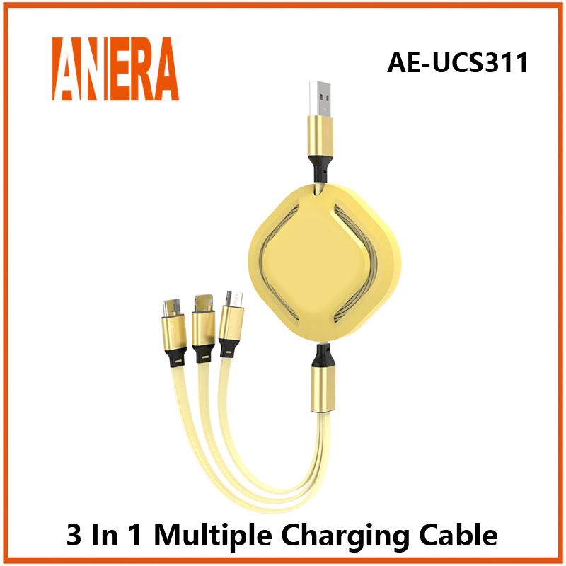 New Telescopic Retractable Flexible 3 in 1 Fast Charging Cable USB2.0 to Type-C&Android&Lightning Mobile Phone Cable