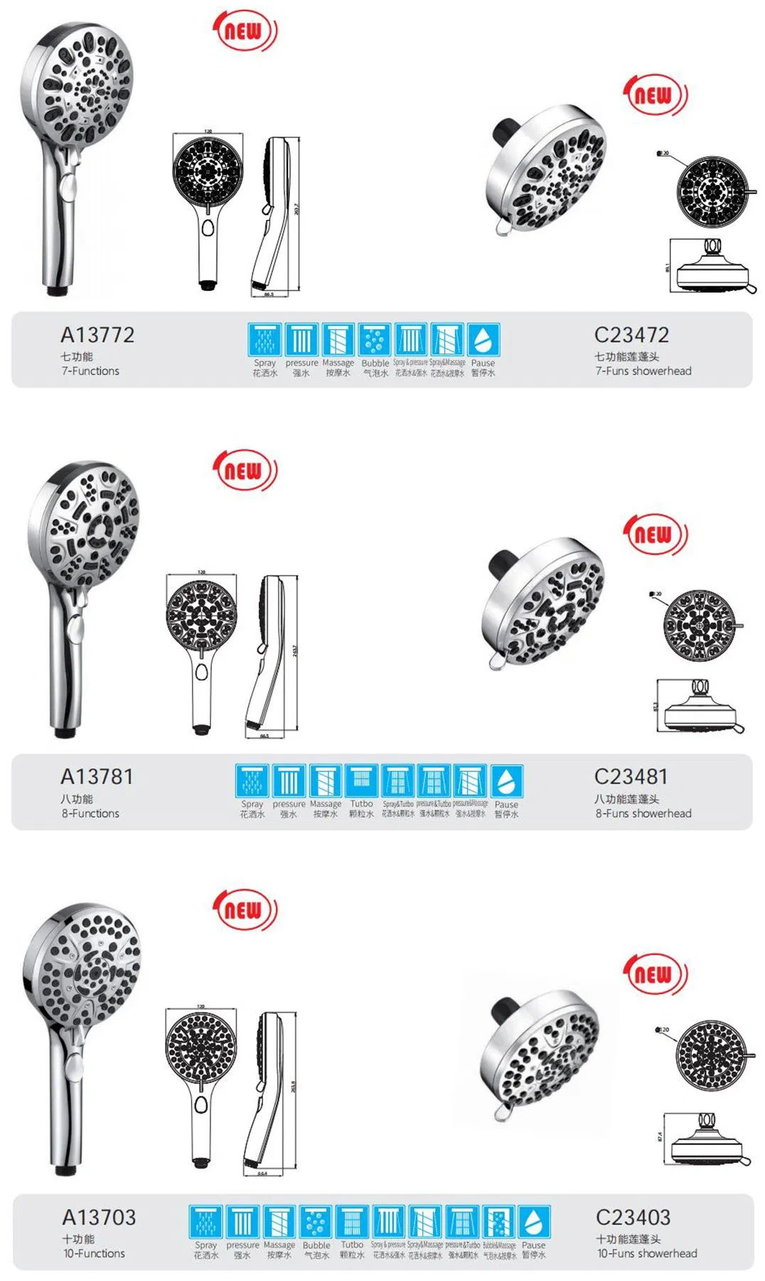 10 Functions Water Saving Bathroom Accessories American Shower with Shower Arm Bracket Holder, Hose, 8" Stainless Steel Arm