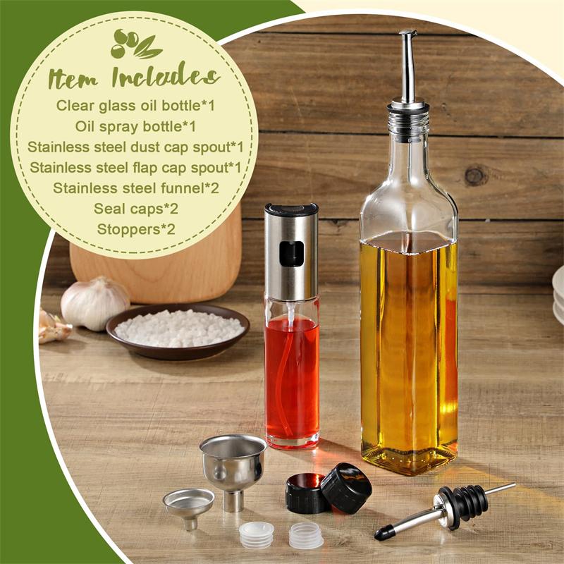 Glass Container with Stainless Steel Spout Olive Oil Dispenser and Oil Sprayer for Cooking Vinegar Cruet Bottle Set