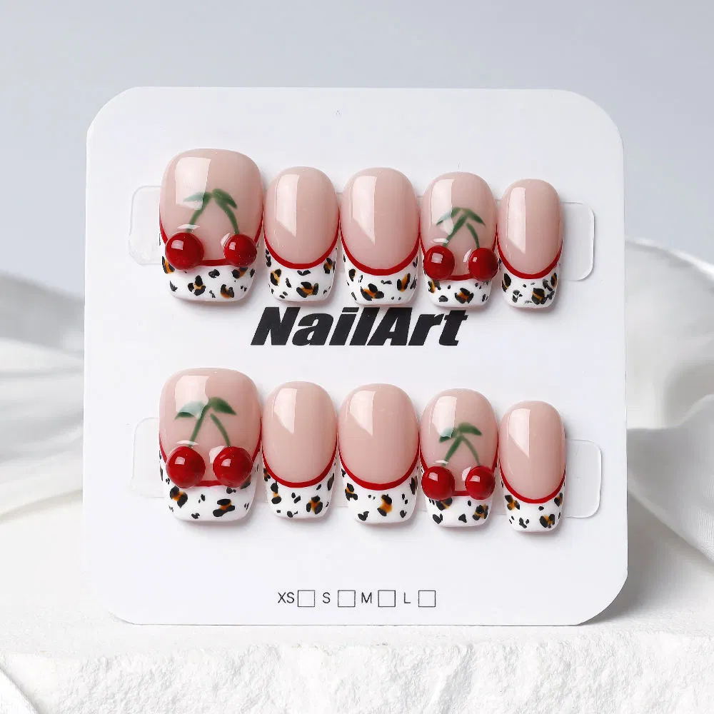 3D Cherry Leopard Print French Tip Nail Art Set