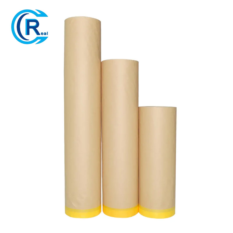 Pre-Taped Masking Paper for Painting - 24 Inch X 50 Feet Tape and Drape Painters Paper, Paint Adhesive Protective Paper Roll for Covering Skirting, Frames, Cars