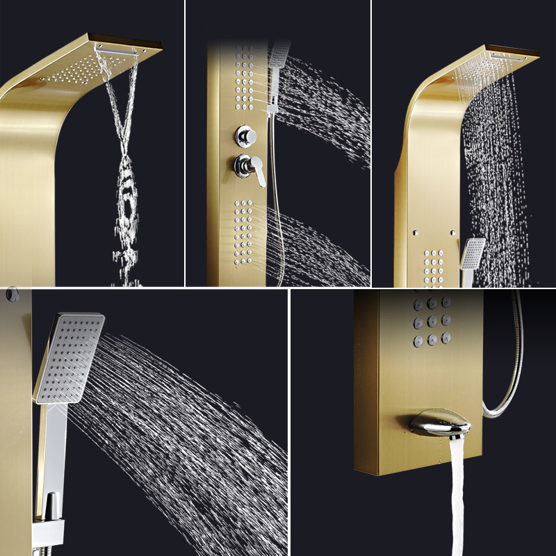 Gold and Nickel Brushed Shower Column Stainless Steel Waterfall SPA Wall Shower Panel