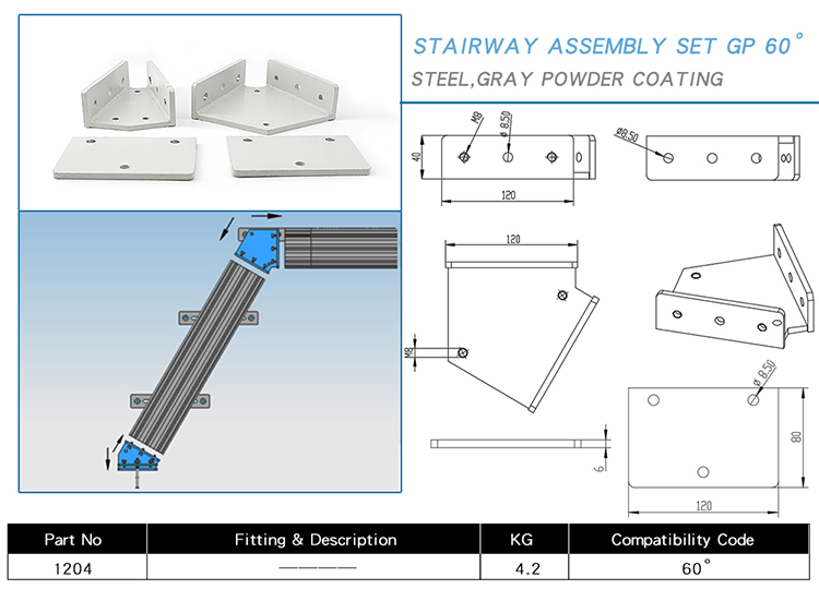 China Manufacturer RoHS OEM ODM 1204 Gp 60 Degree Stairway Assembly Set for Connecting Aluminium Pipe Anodized Pipe and Workbench Line