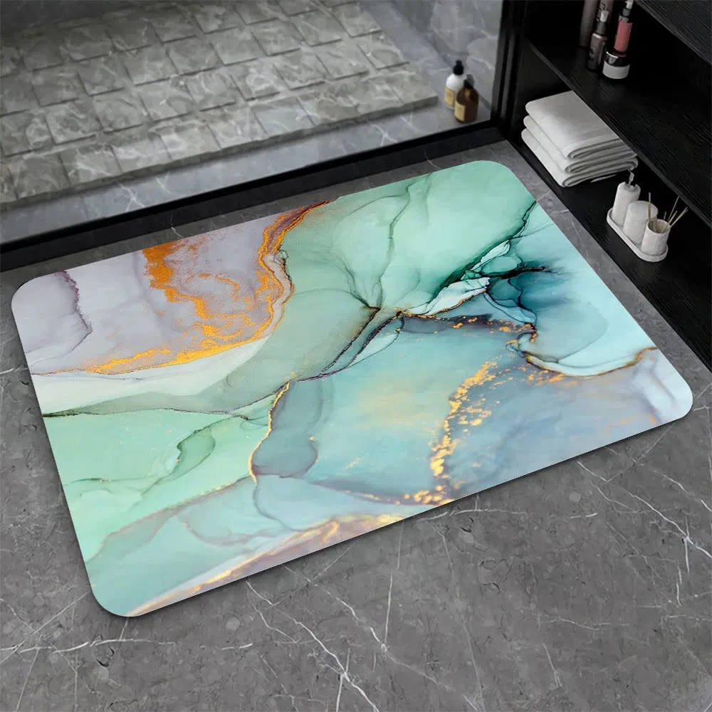Diatomaceous Earth Bath Mat Modern Teal Marble Design Super Absorbent Fast Drying Non-Slip Diatomite Mud Bathroom Floor Rugs Office Doormat Kitchen