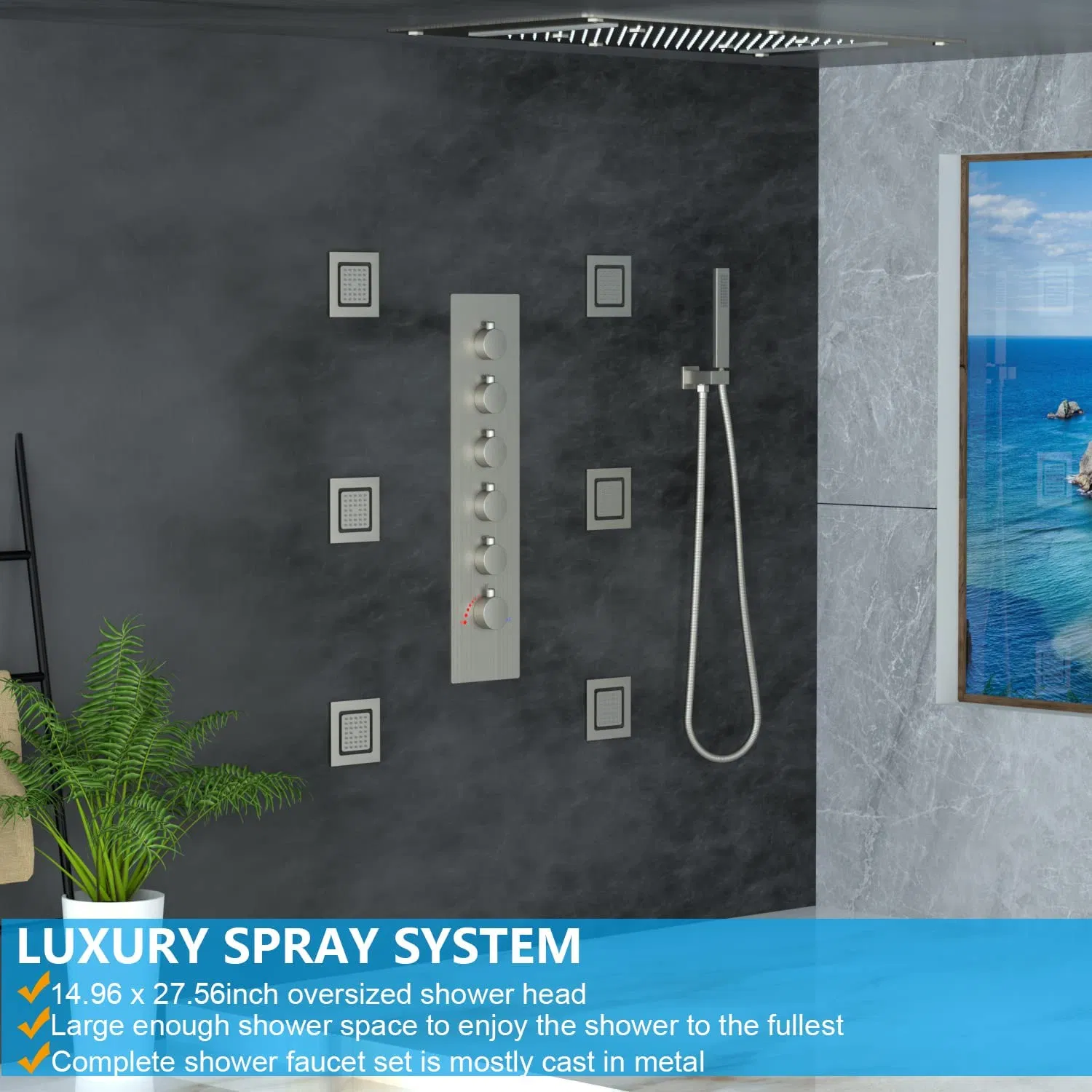 Concealed Brushed Nickel Shower System with Body Jets Large 15X28 Inch Multi-Function Luxury Shower Faucet Set Ceiling Rain Shower Bathroom Accessories