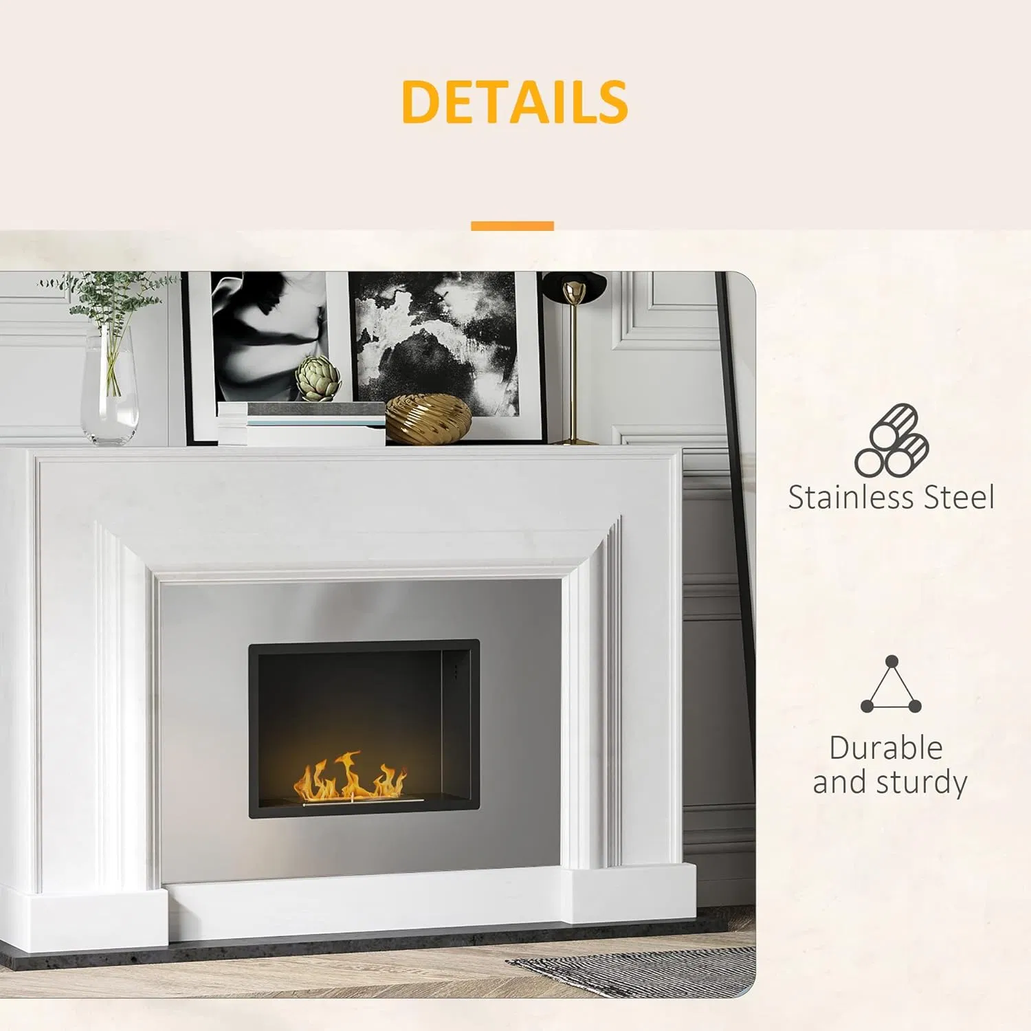 Bioethanol Fireplace Heater Wall Mounted Bio Ethanol Realistic Flame Effect Silver