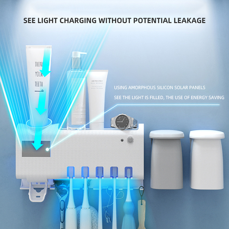 Rechargeable Bathrooms Toothbrush Holder with UV Sterilizer and Toothpaste Dispenser Magnetic Cups