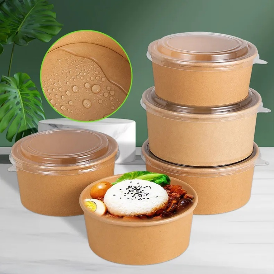 Disposable Kraft Paper Salad Paper Bowl with Lid for Fast Food
