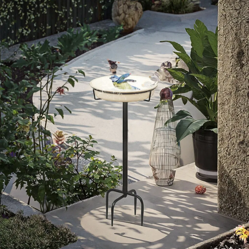Factory Direct Outdoor Garden Decorative Bird Bath with Metal Black Stake Iron Bowl Made in India