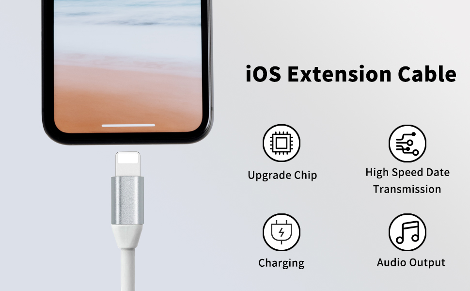 Male to Female Pass Audio Video Music Data and Power Charge Ios Extension Cord Adapter Made of White TPE and Sliver Aluminum