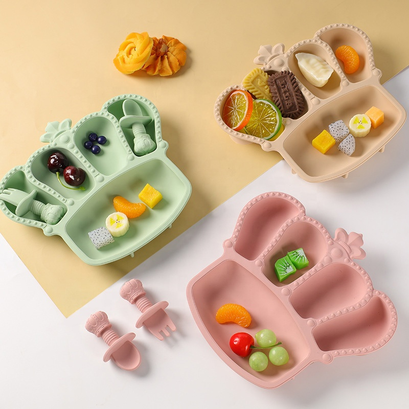 Crown Design Tableware Baby Silicone Divided Plate Spoon Fork Set Food Grade Silicone Feeding Suction Plates