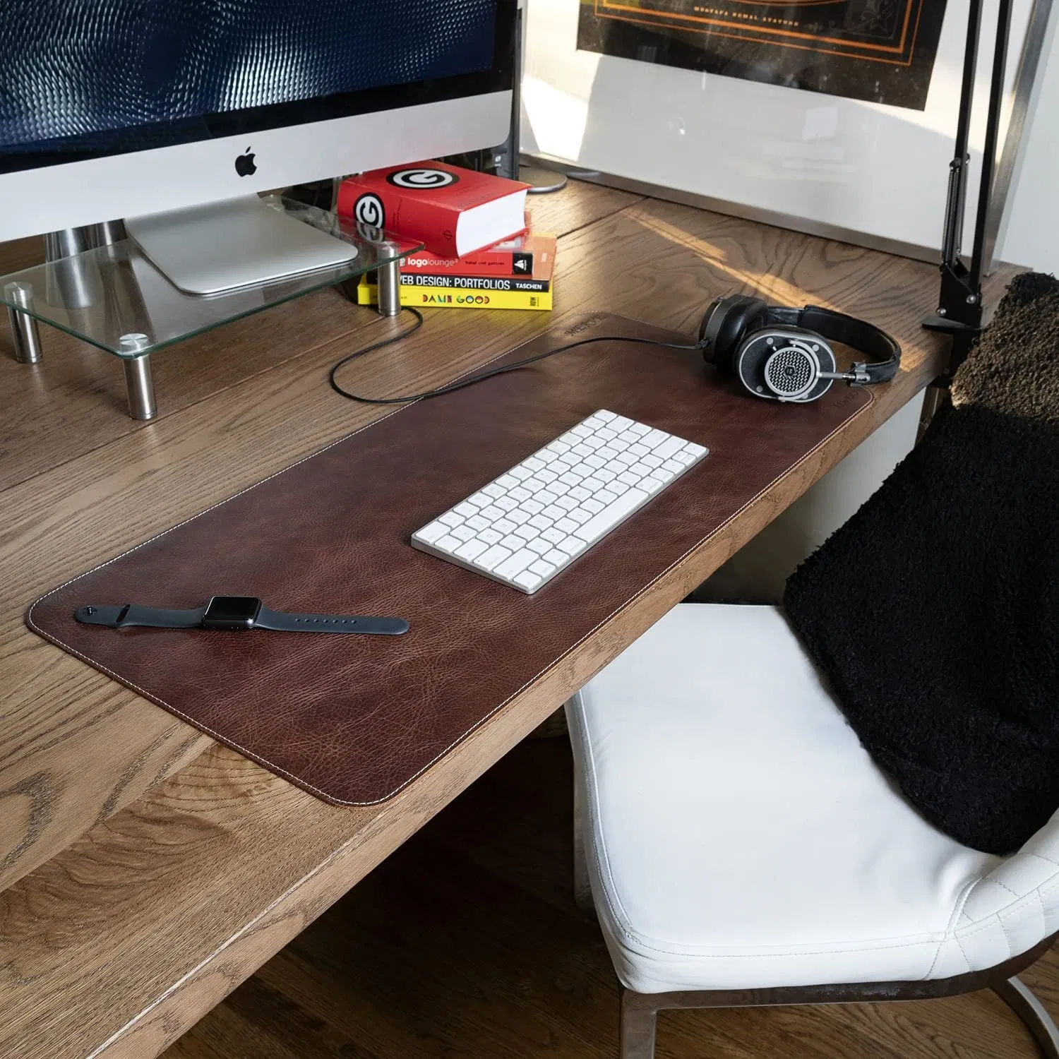 Luxury Genuine Leather Desk Pad Large Mouse Pad 23.6" X 13.7" Non-Slip Writing Pad for Hotel