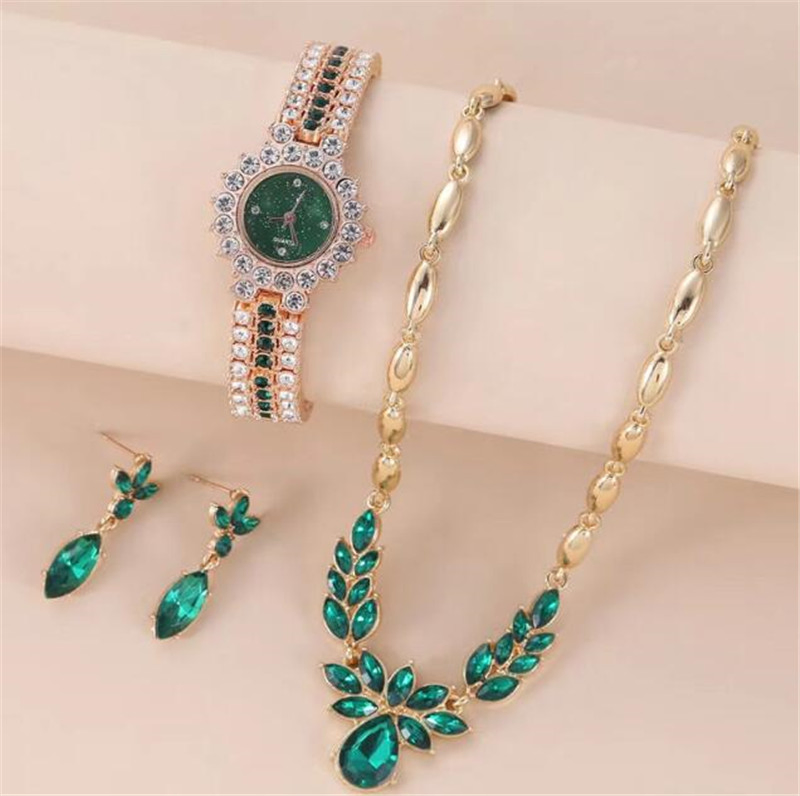 5PCS/Set Necklace Bracelet Ring Earrings Women Watch Luxury Gold Plated Five-Piece Emerald Diamond Watch Set