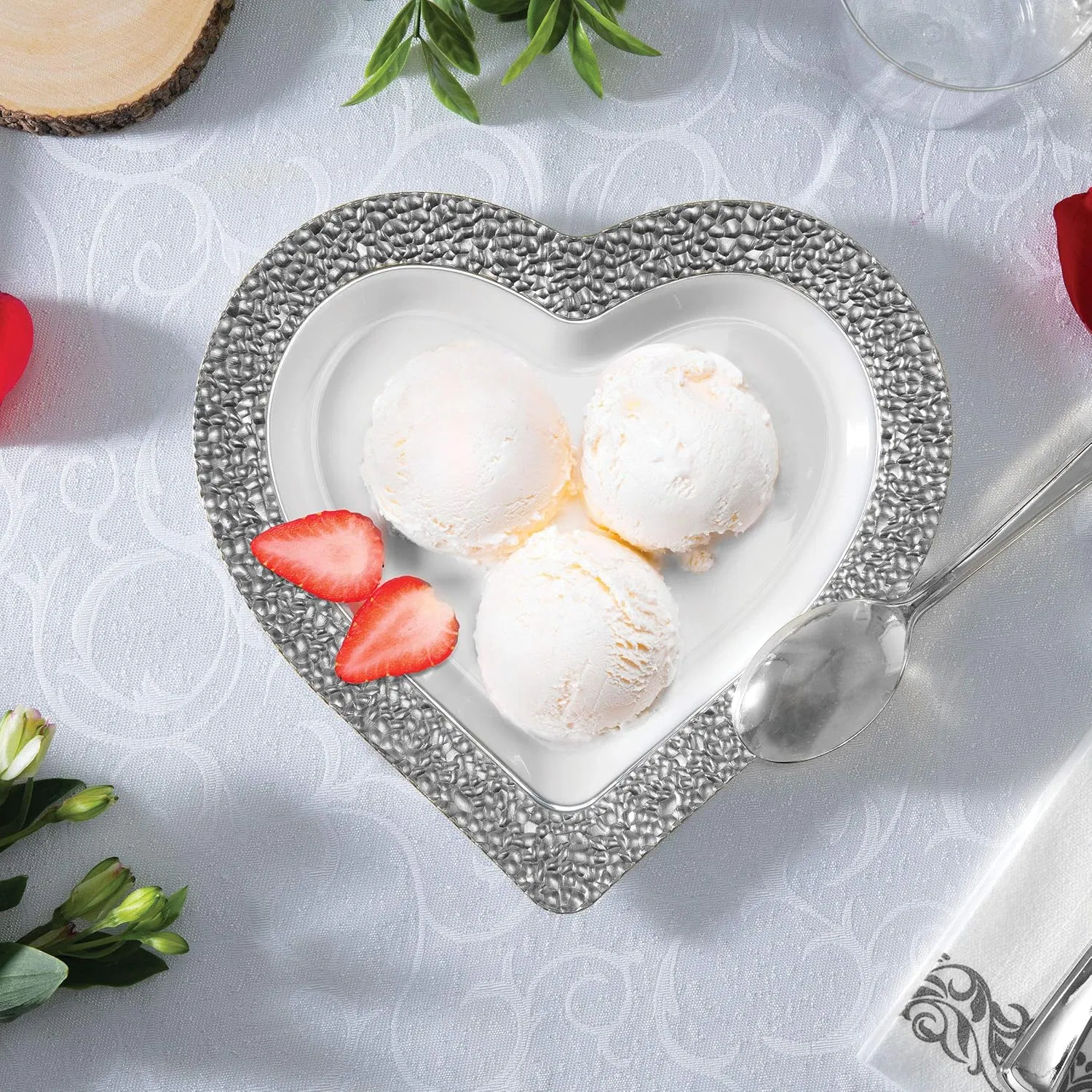 Elegant Heart Shaped White Plastic Dinner Plates with Silver Trim