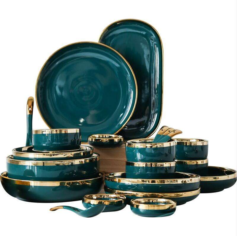 Nordic Light Luxury Golden Border Ceramic Dishes Dishes Tableware High Grade Grandmother Green Household Dishes Steak Plate