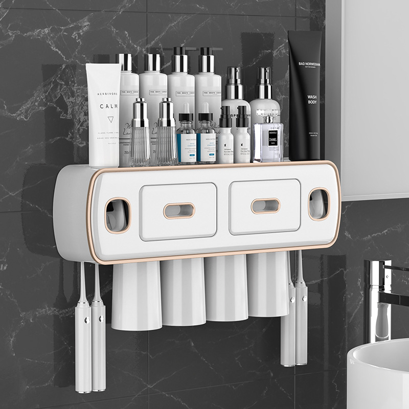 Creative 4-Cup Toothbrush Holder with Toothpaste Dispenser Bathroom Storage Multifunctional Rack