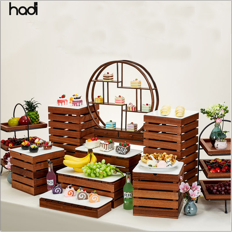 F&B Chef Items Hotel Catering Equipment Wooden Furniture Decorative Wooden Buffet Rack Riser/ Buffet Stand Catering for Sale