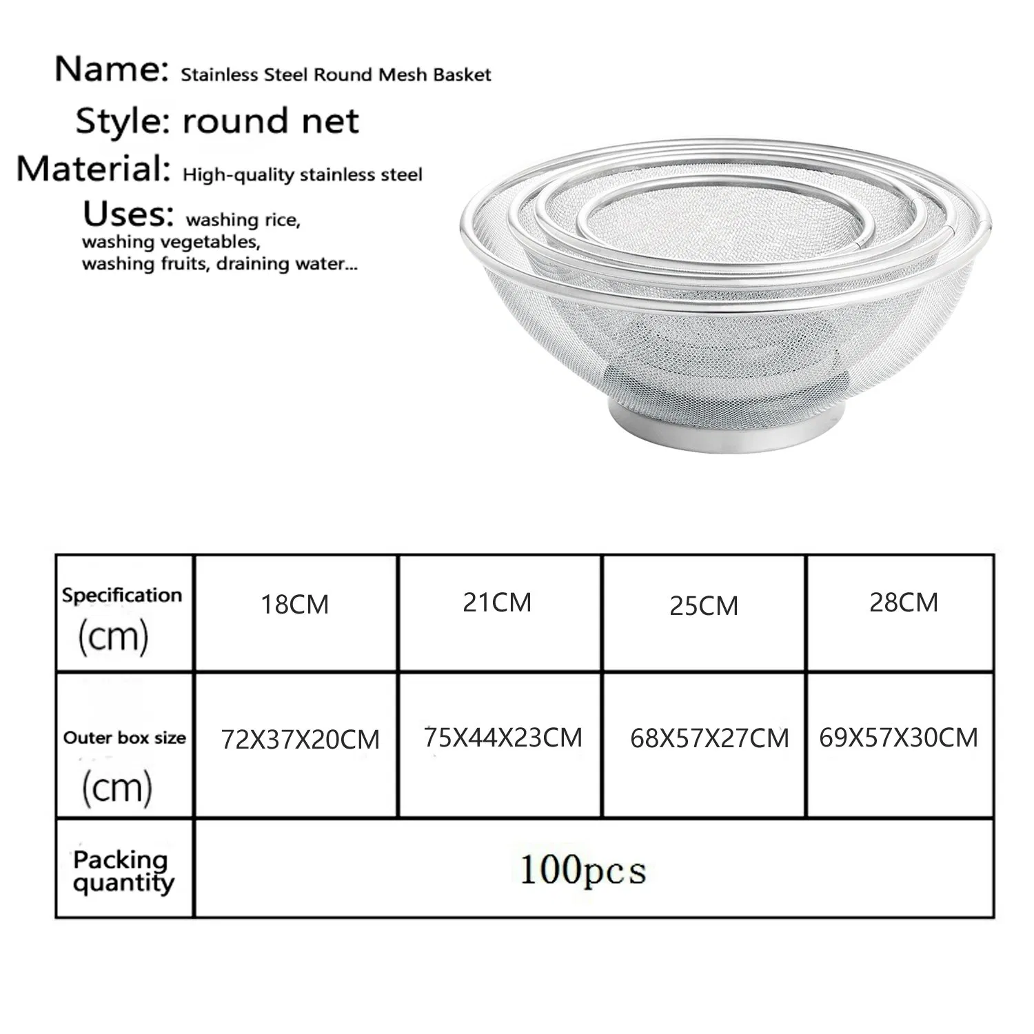 Stainless Steel Strainer Mesh Drainer Vegetable Washing Basket Sieve Fruit Colander