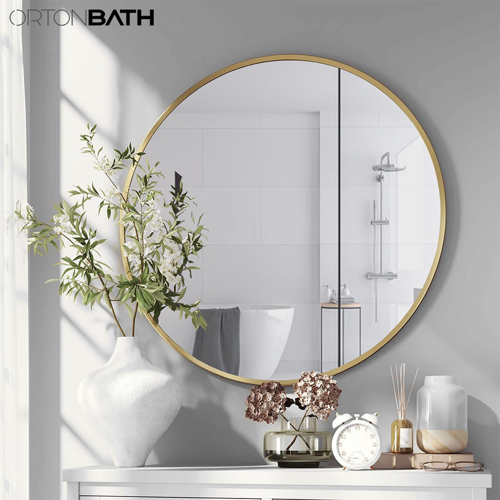 Ortonbath Designs Round Metal Mirror, Bathroom Vanity Wall Mirrors, Circle Mirror for Desk, Metal Framed Bedroom Mirror (30"/Gold)