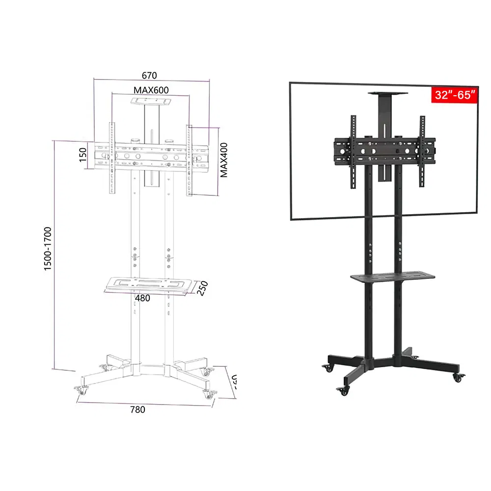32"-65" Multi-Function TV Support Monitor Floor Stand with Swiveling Wheels