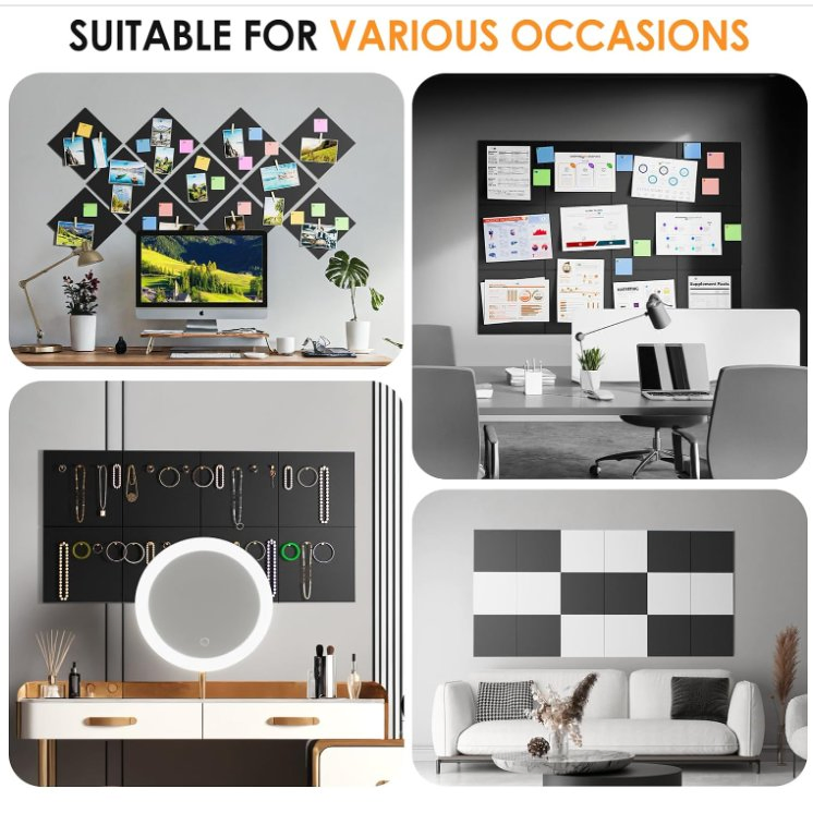 Black Color Large Cork Board Felt Board Tiles for Walls with 30 Push Pins, 11.8"X11.8" Pack of 6 Pin Board Notice Boards for Home Office