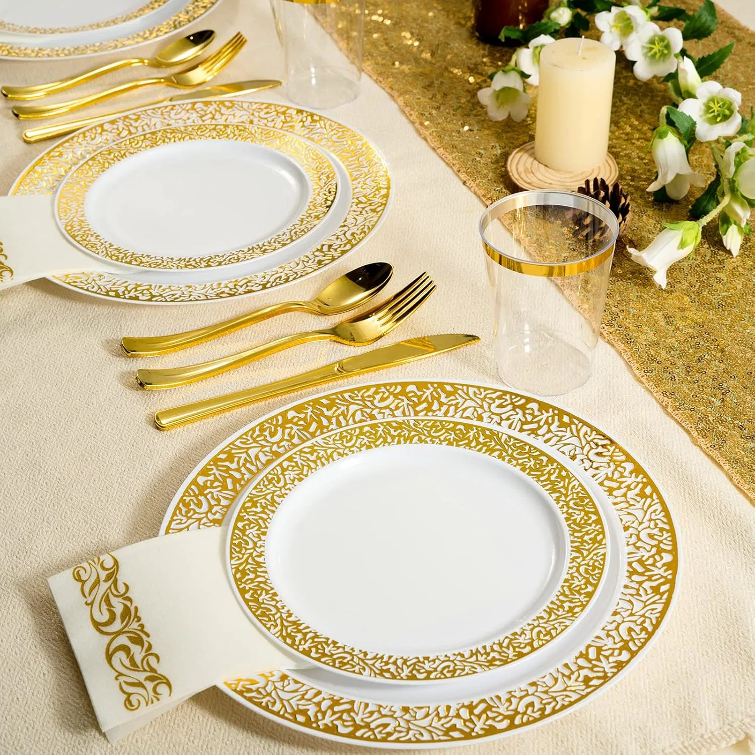 Elegant Gold Plastic Disposable Plates for Weddings & Parties