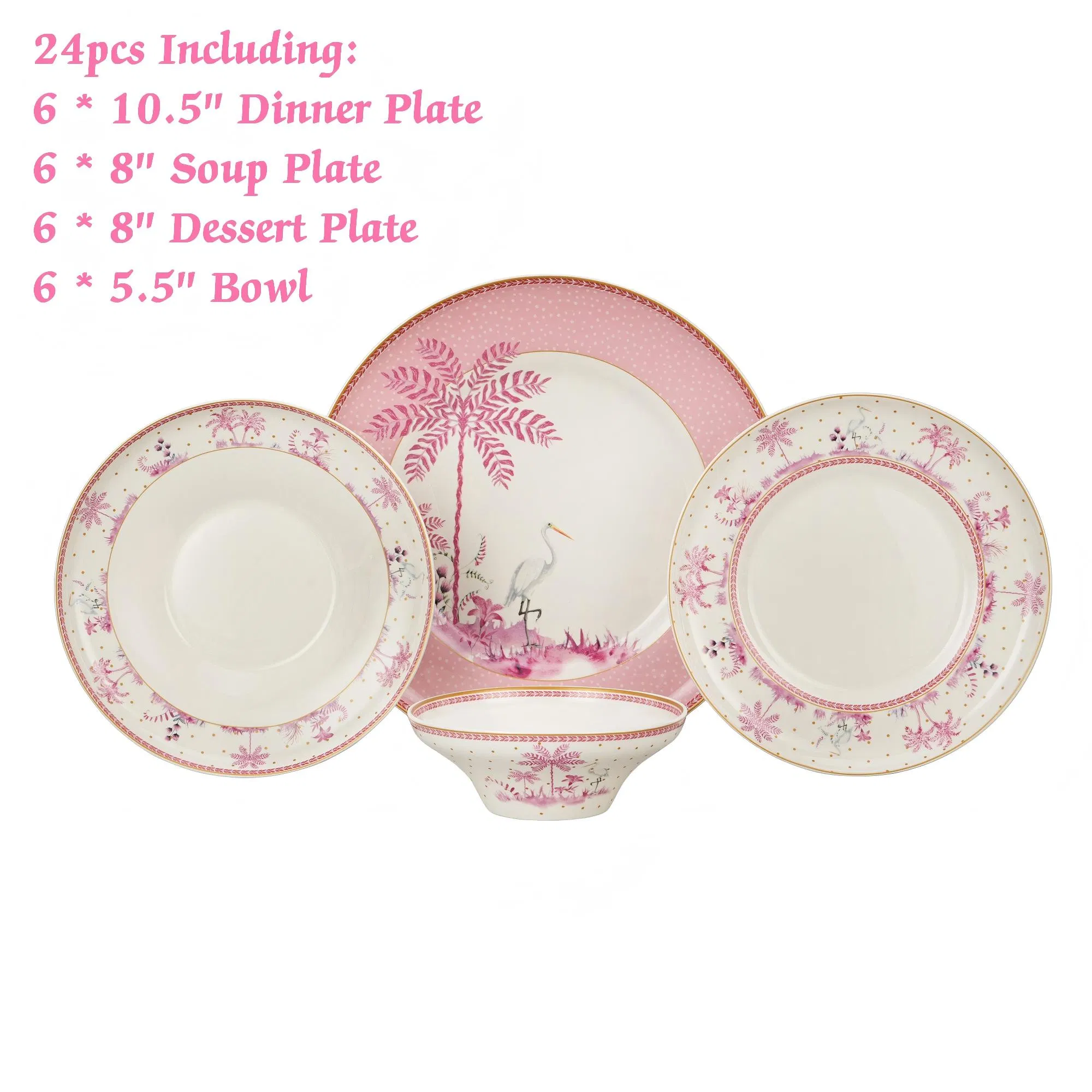 24PCS Factory Supplier Pink Palm Trees China Porcelain Dinner Set Ceramic Dinnerware