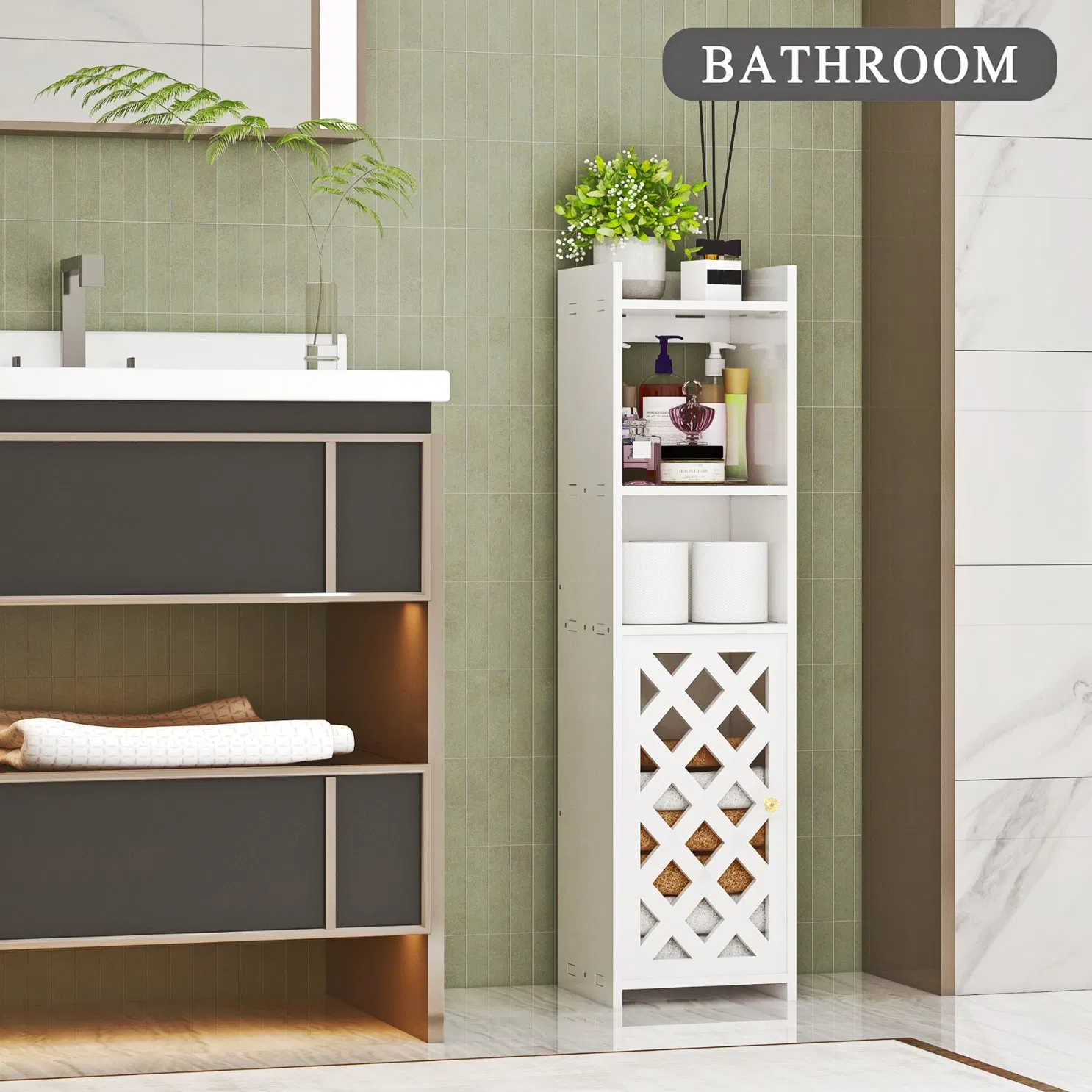 4 Tier PVC Narrow Floor Bathroom Storage Cabinet Shelf Rack for Home Kitchen Small Space