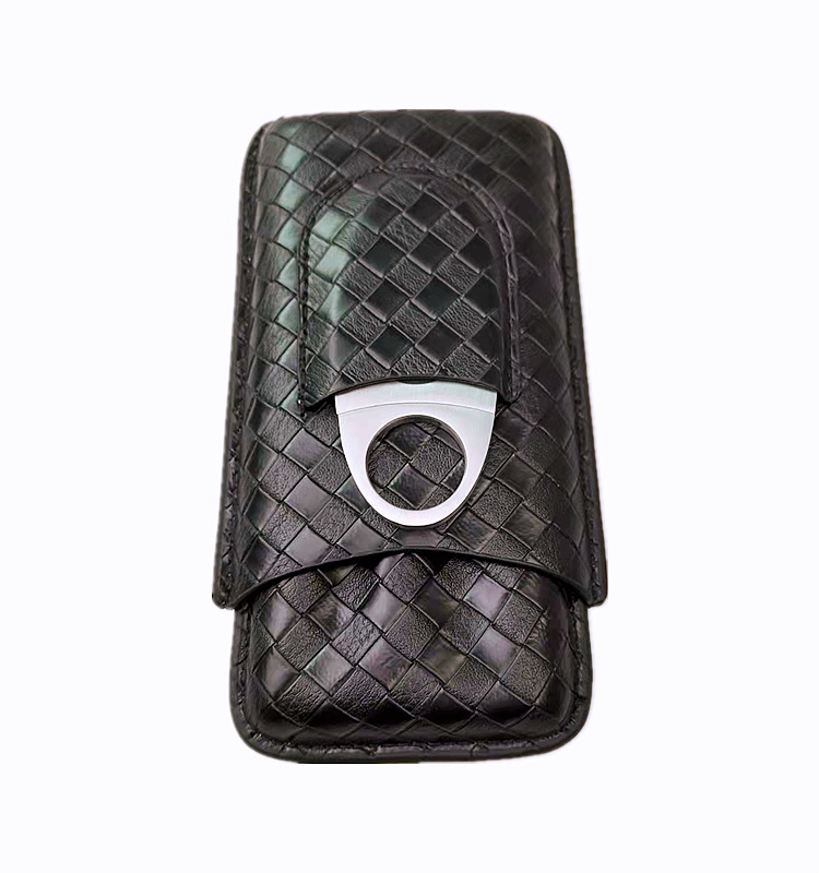 Ea345 Manufacturer Wholesale Luxury Black Bag with Mini Leather Tube Logo Holder Travel Cases Handmade Cutter Custom Humidor Leather Cigar Case