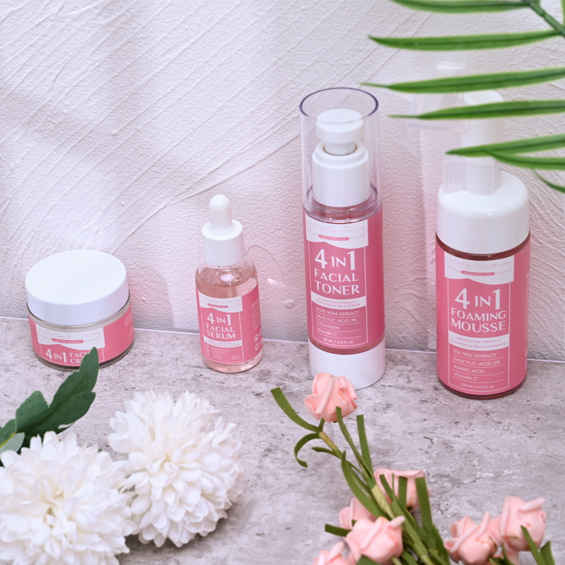 OEM Natural 4 in 1 Skin Care Set Vitamin C Serum Acne Cream Cleansing Face Mousse Skin Hydrating Toner Spray Facial Set