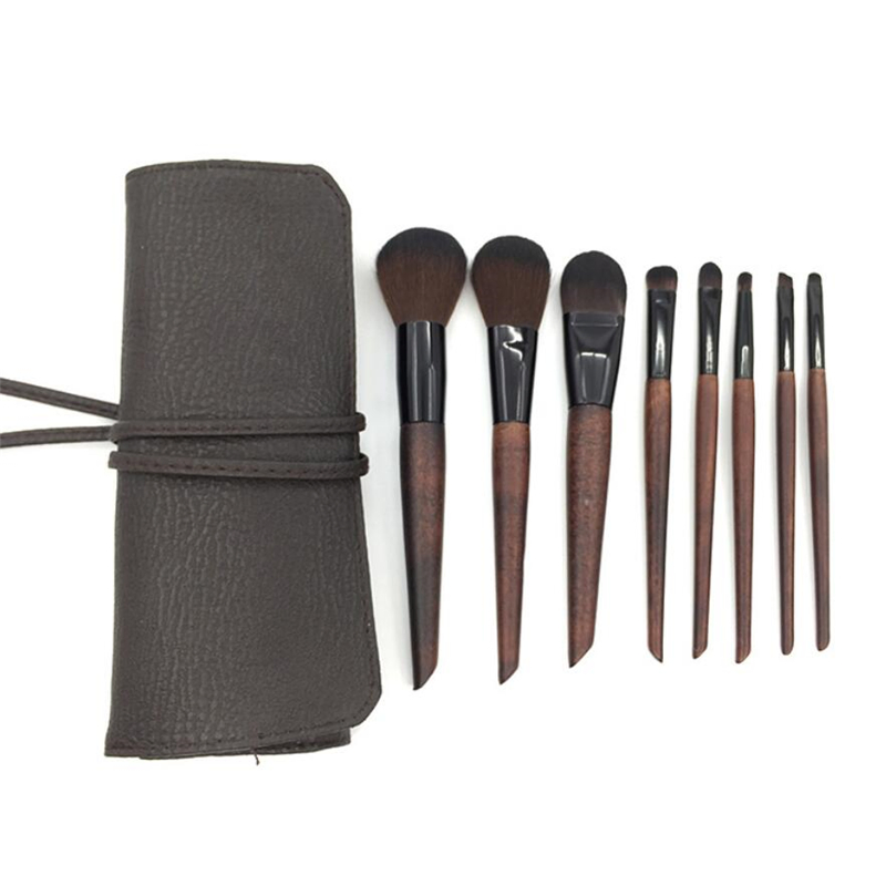 High Quality Wood Cosmetic Brush Set with PU Pouch